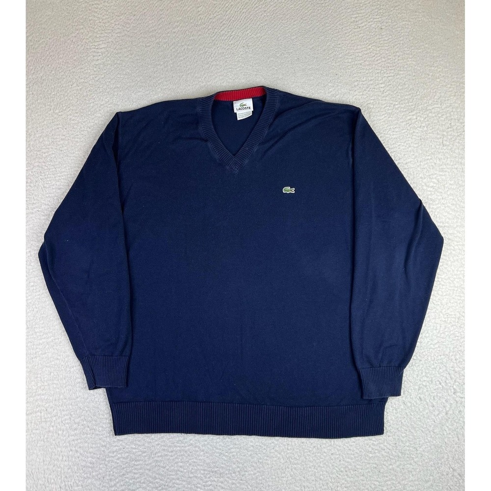 Lacoste Sweater Mens 3XL Blue 100% Cotton V Neck Knit Pullover Classic Croc Logo